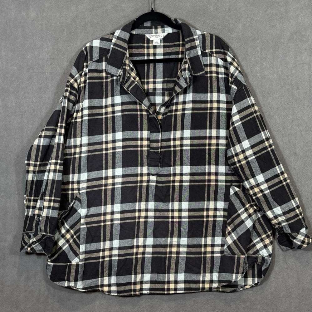 Canyon Guide Outfitters Womens 2X Flannel Shirt Plaid Pullover Cotton Black Tan